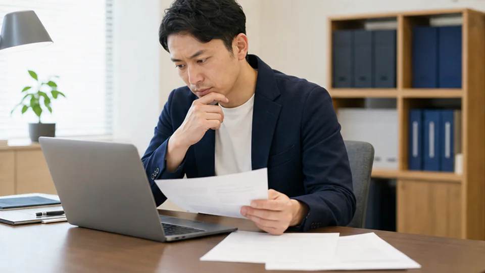 パソコンと書類を見比べて契約書案を確認する事業者
