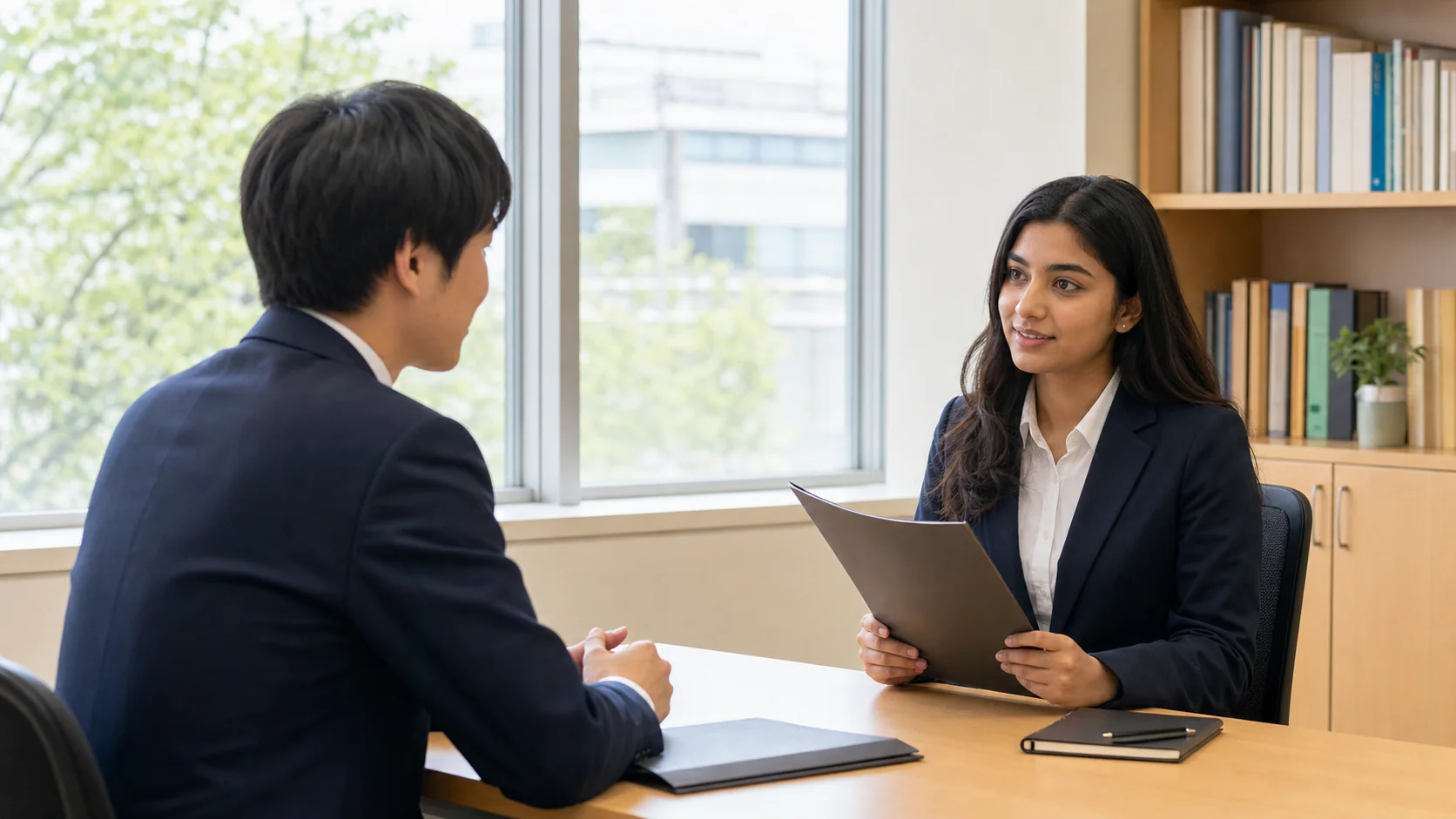 留学生の採用面談を行う企業担当者